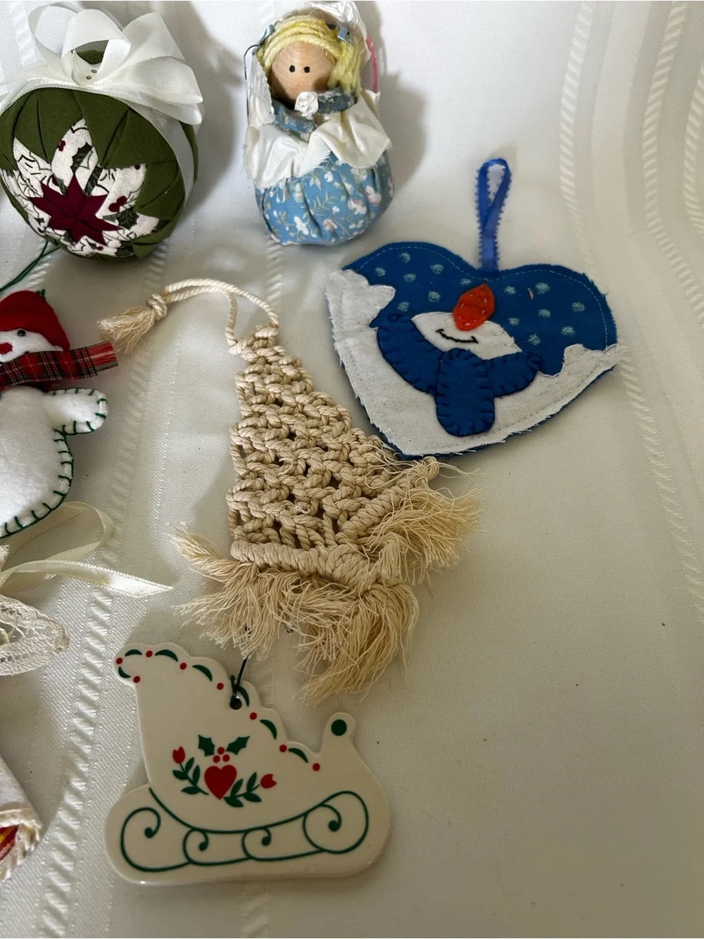 Vintage Christmas Tree Ornament Set Snowman Sleigh Reindeer Angel Stocking